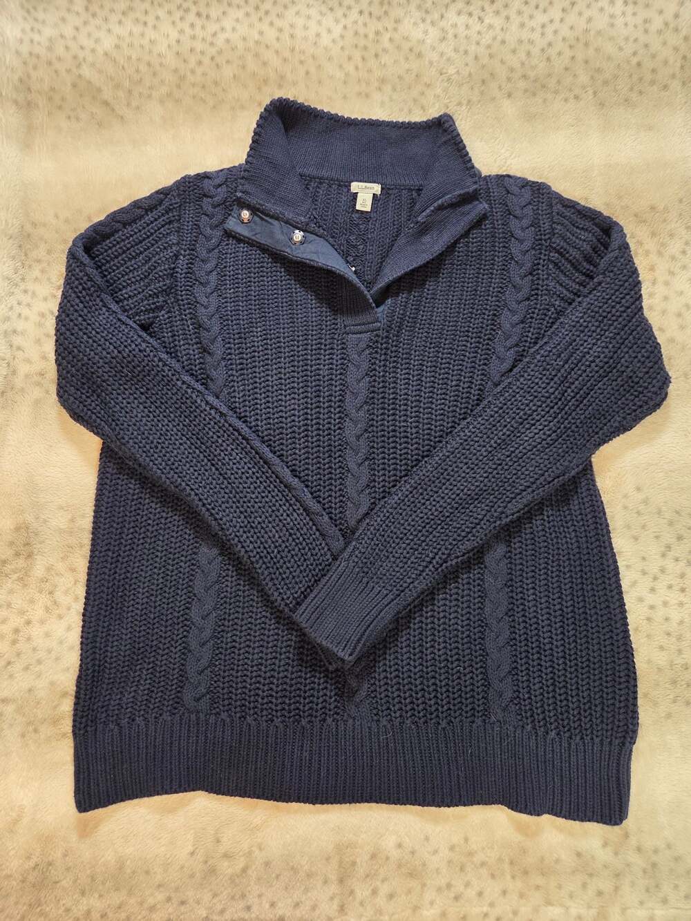 L.L.Bean Men's XL 100% Cotton Cable Knit Snap Mock Neck Sweater Navy Blue